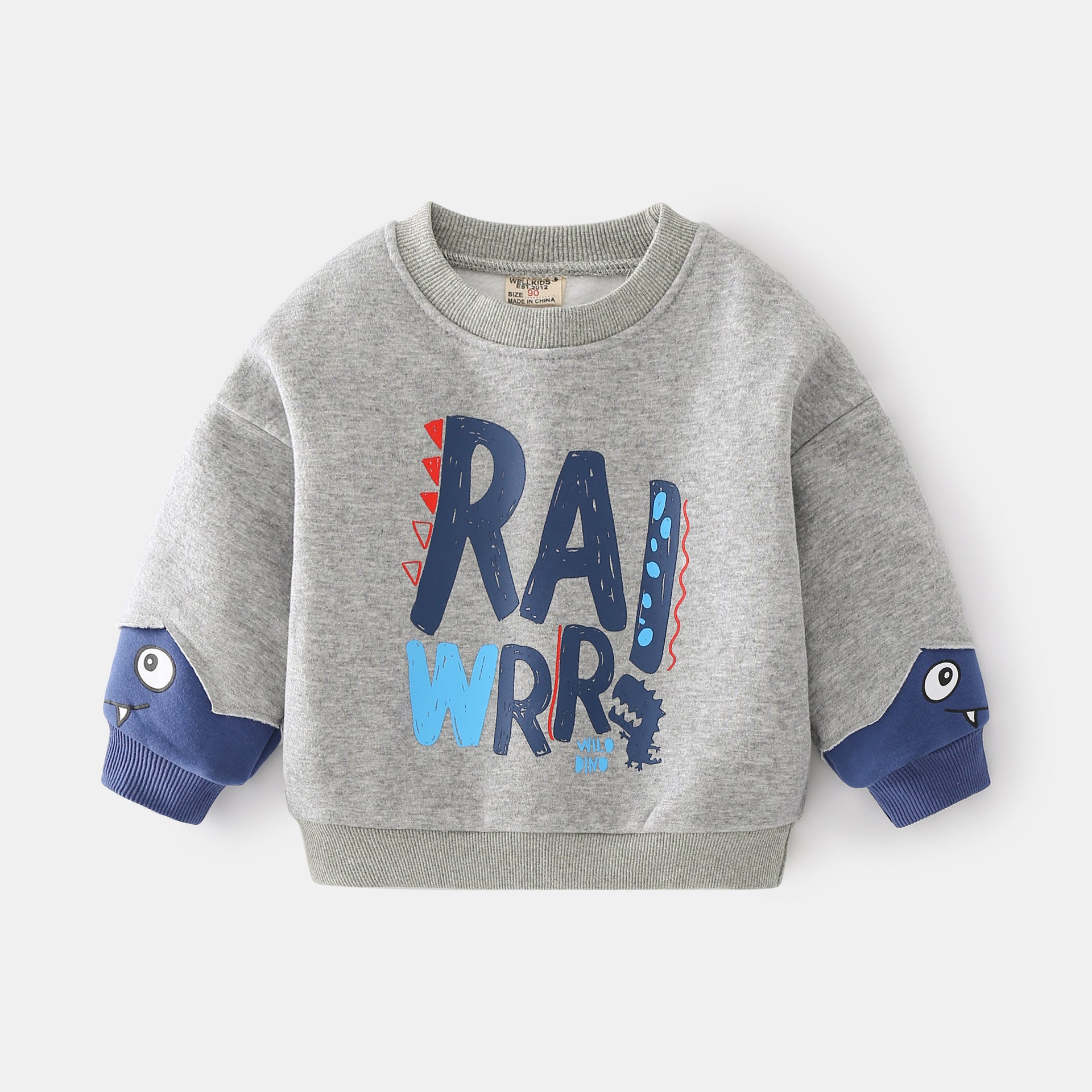 Boys’ Cartoon Monster Print Fleece-Lined Warm Long Sleeve Sweatshirt