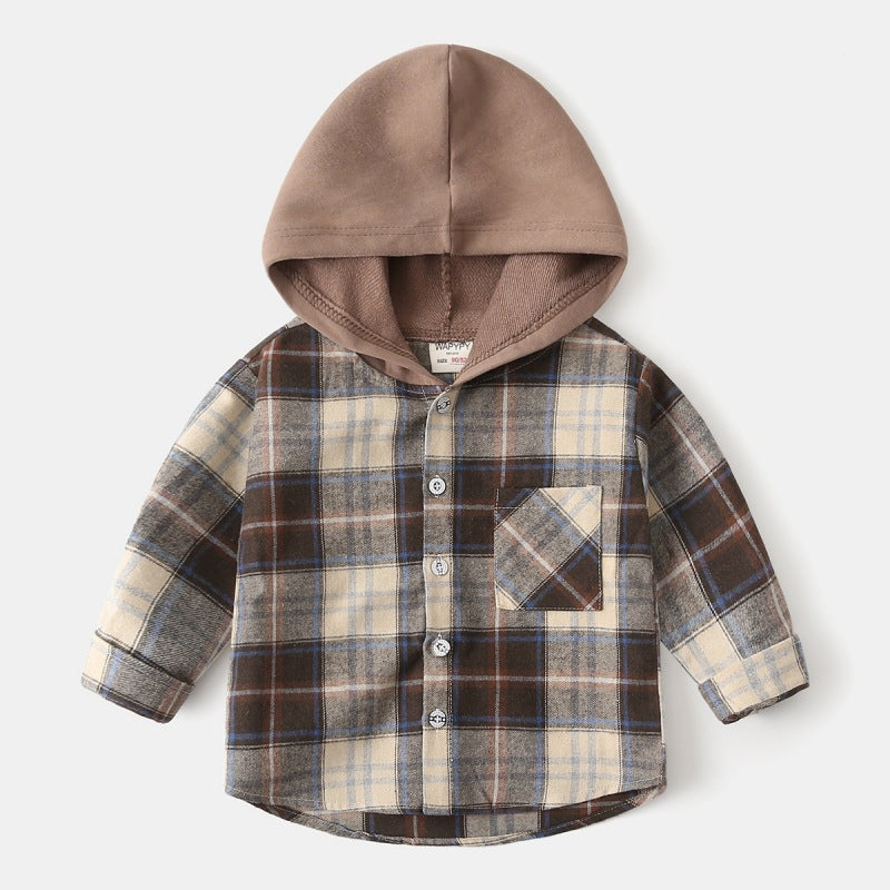 Boys Hooded Patchwork Plaid Pocket Long Sleeve Shirt Jacket