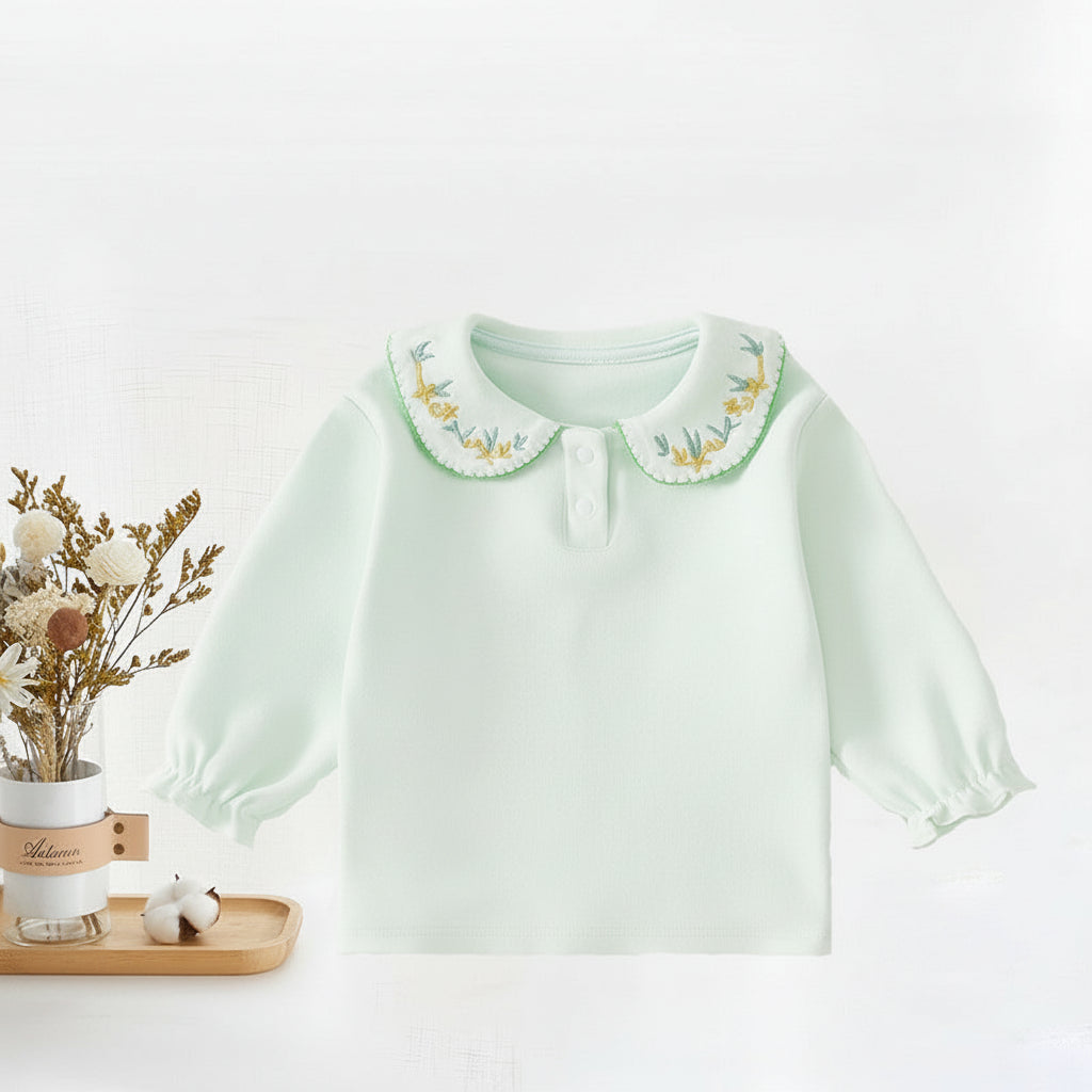 Girls Sweet Floral Embroidered Peter Pan Collar Long Sleeve Top