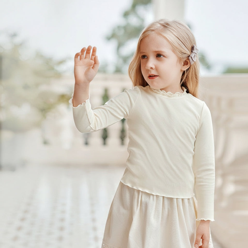 Girls Ribbed Mock Neck Ruffle Trim Cotton Long Sleeve Top