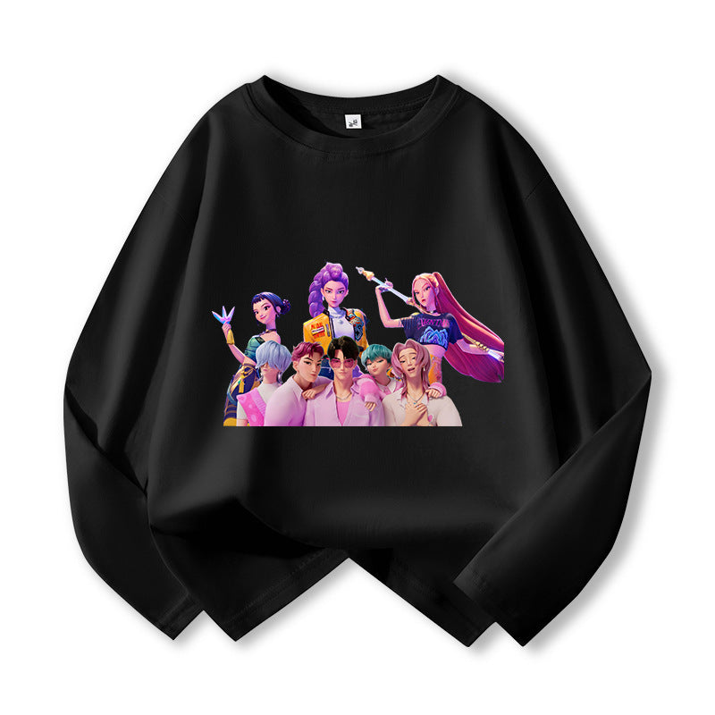 Kids’ Cartoon Demon Hunter Girls Graphic Cotton Long Sleeve T-Shirt