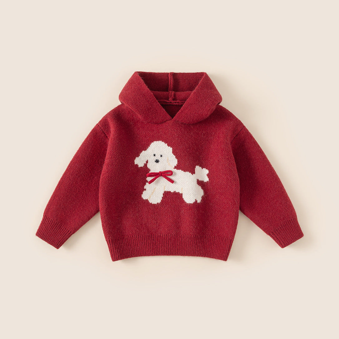 Boys Cute Dog Pattern Hooded Knit Sweater