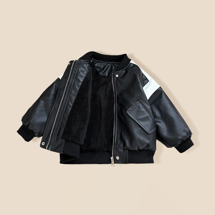 Stylische, warme Fleecejacke für Jungen aus Kunstleder mit Futter