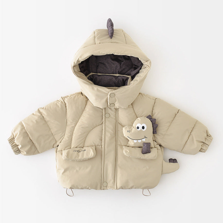 Chaqueta acolchada con capucha y forro polar grueso y cálido con diseño de dinosaurio para niños