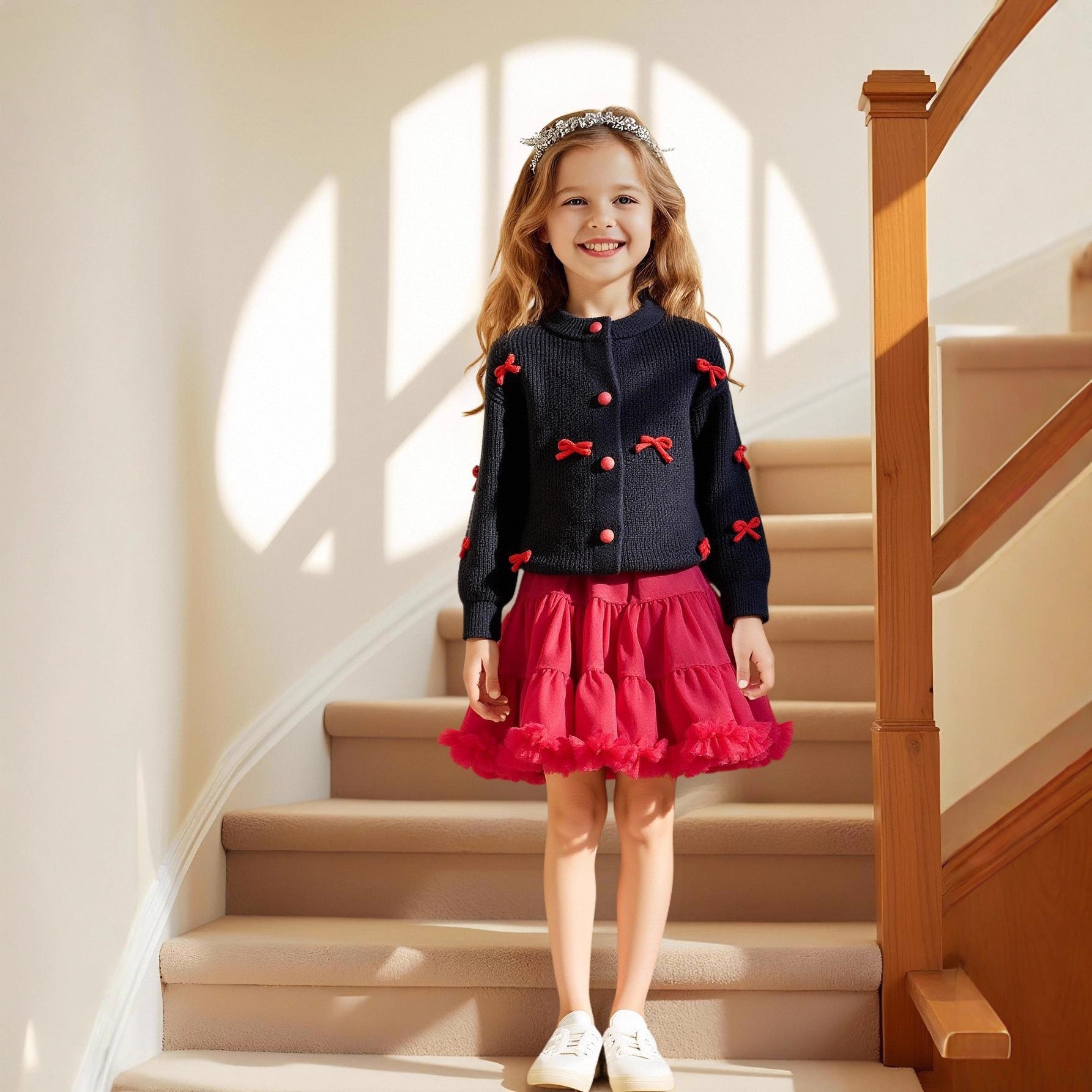 Girls Christmas Bow Knit Cardigan and Skirt Outfit Set