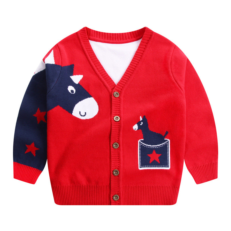 Boys V Neck Cartoon Pony Knit Cardigan
