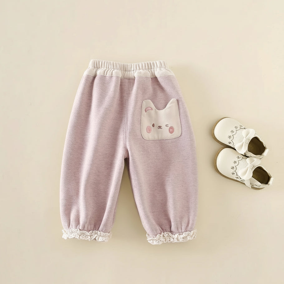 Niedliche Baby-Mädchen-Hose mit Kätzchenmotiv, hautfreundlich und fleecegefüttert