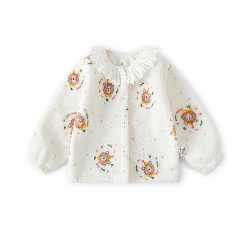 Girls Sweet Lace Trim Double Sided Fleece Jacket