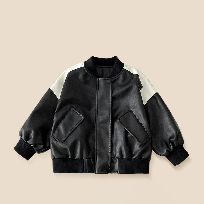 Stylische, warme Fleecejacke für Jungen aus Kunstleder mit Futter