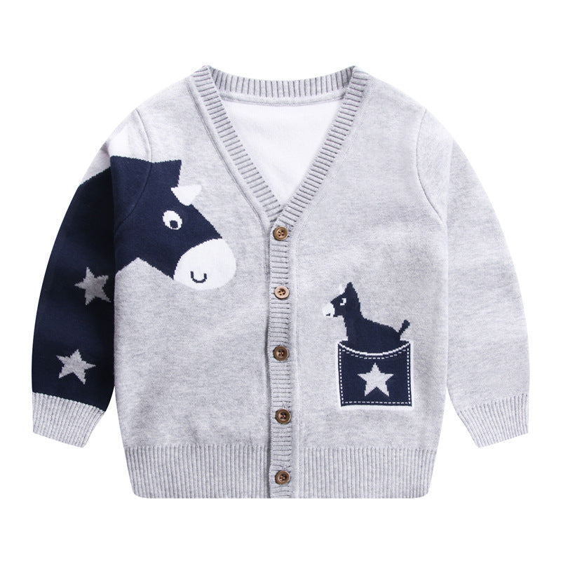 Boys V Neck Cartoon Pony Knit Cardigan
