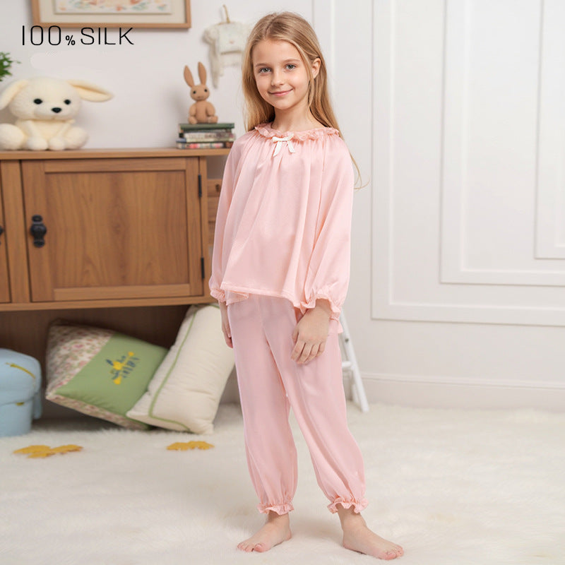 Girls Spring Fall Silk Cool Soft Skin Friendly Pajama Set