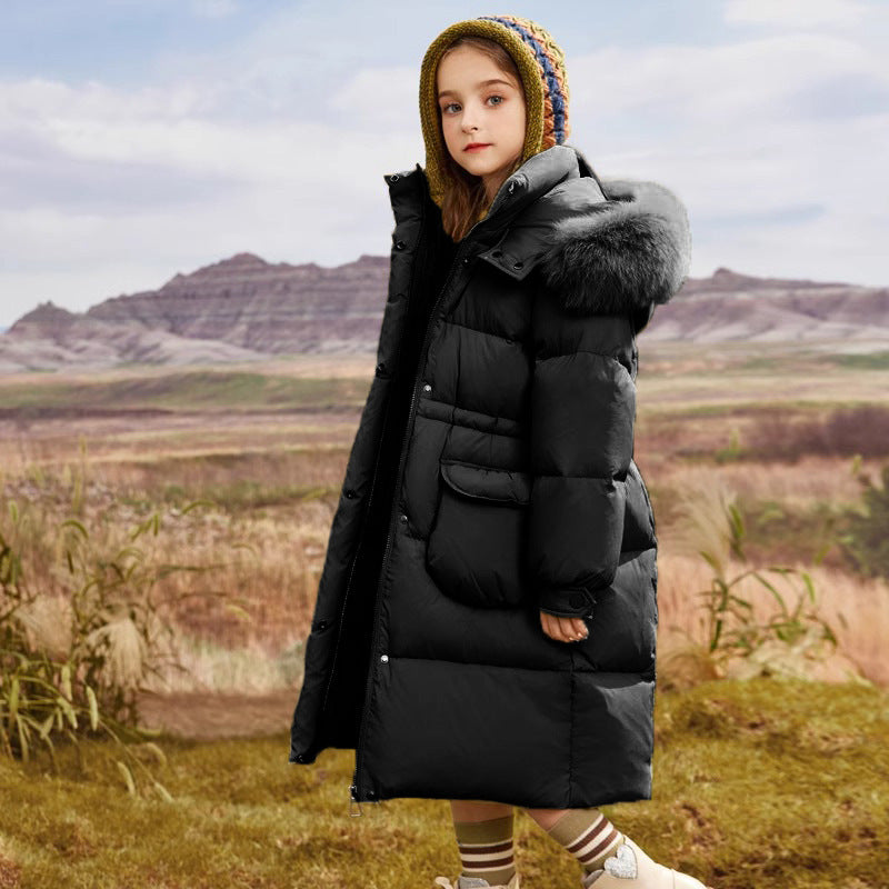 Girls Long Thick Warm Hooded Down Jacket