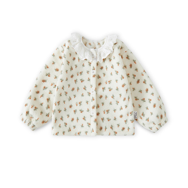 Girls Sweet Lace Trim Double Sided Fleece Jacket