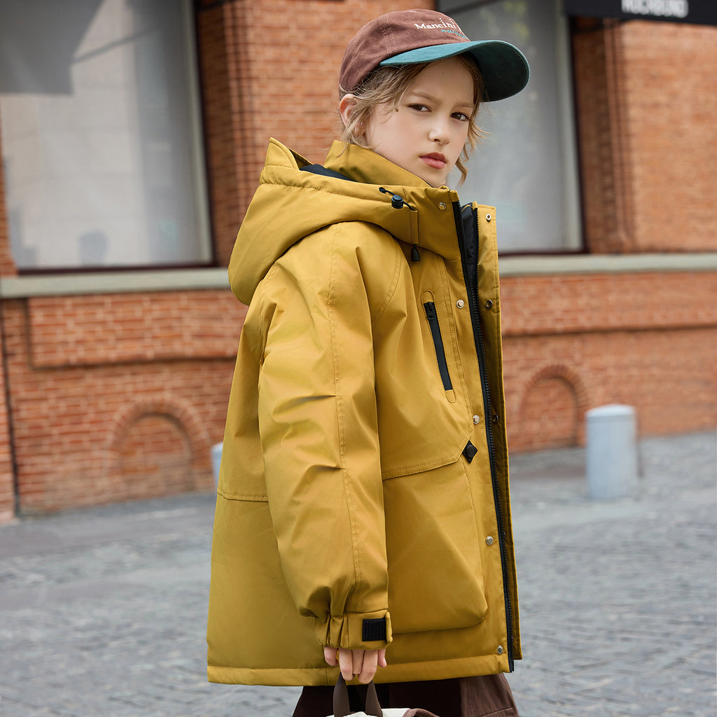 Chaqueta de plumón gruesa, cálida y de longitud media, resistente al viento y con capucha para niños