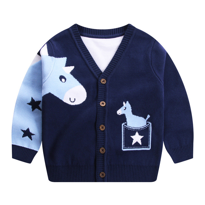 Boys V Neck Cartoon Pony Knit Cardigan