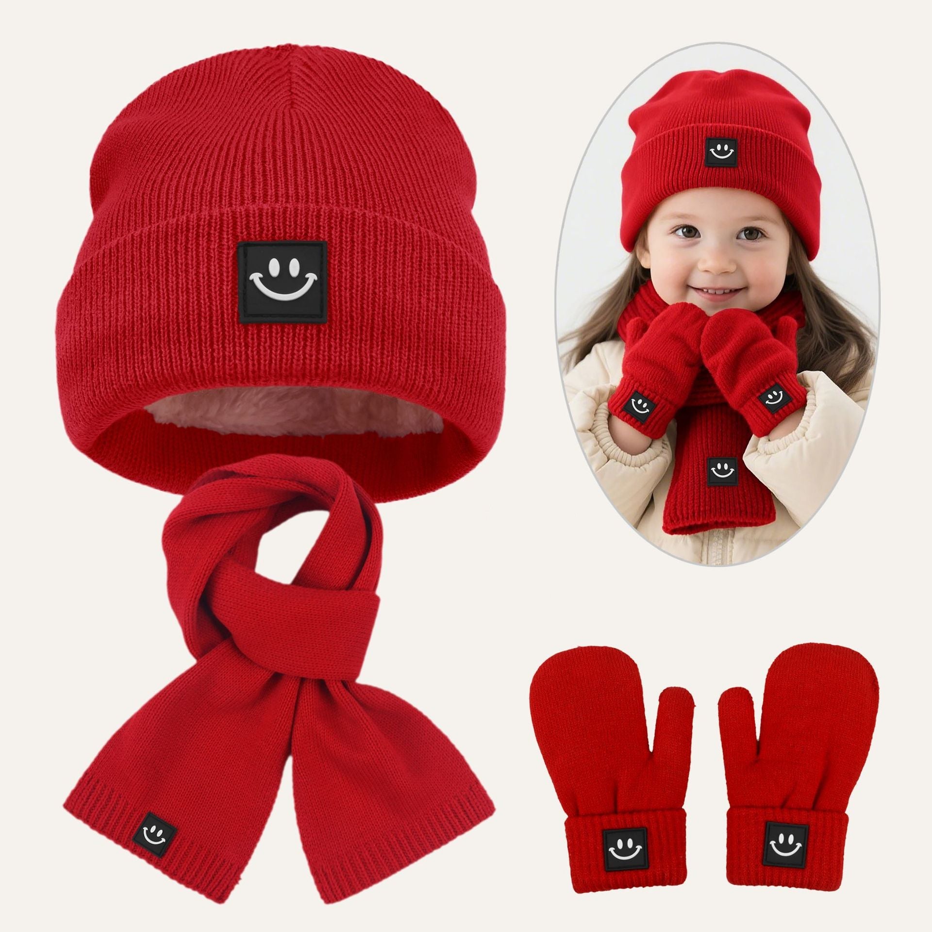 Conjunto de gorro, bufanda y guantes gruesos y cálidos con cara sonriente para niños