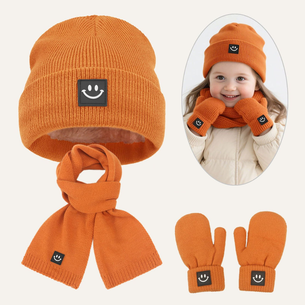 Kids Smiley Face Thick Warm Hat Scarf Gloves Set