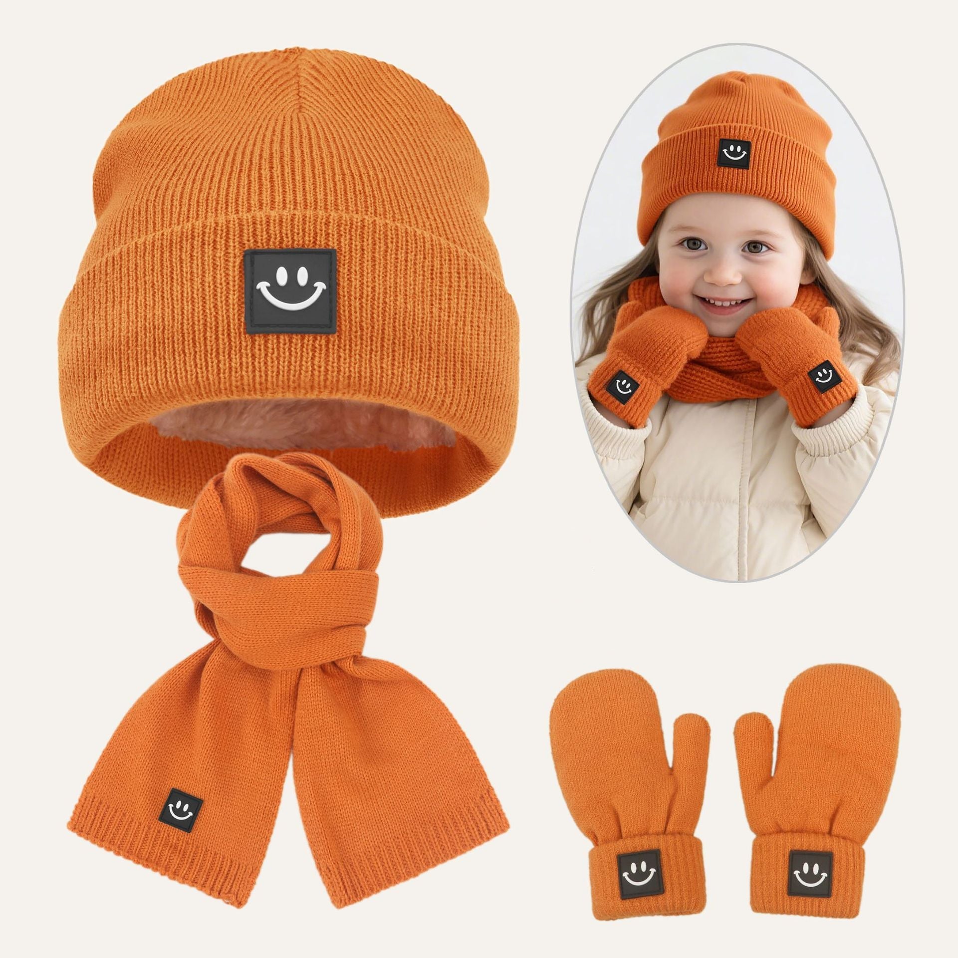 Conjunto de gorro, bufanda y guantes gruesos y cálidos con cara sonriente para niños