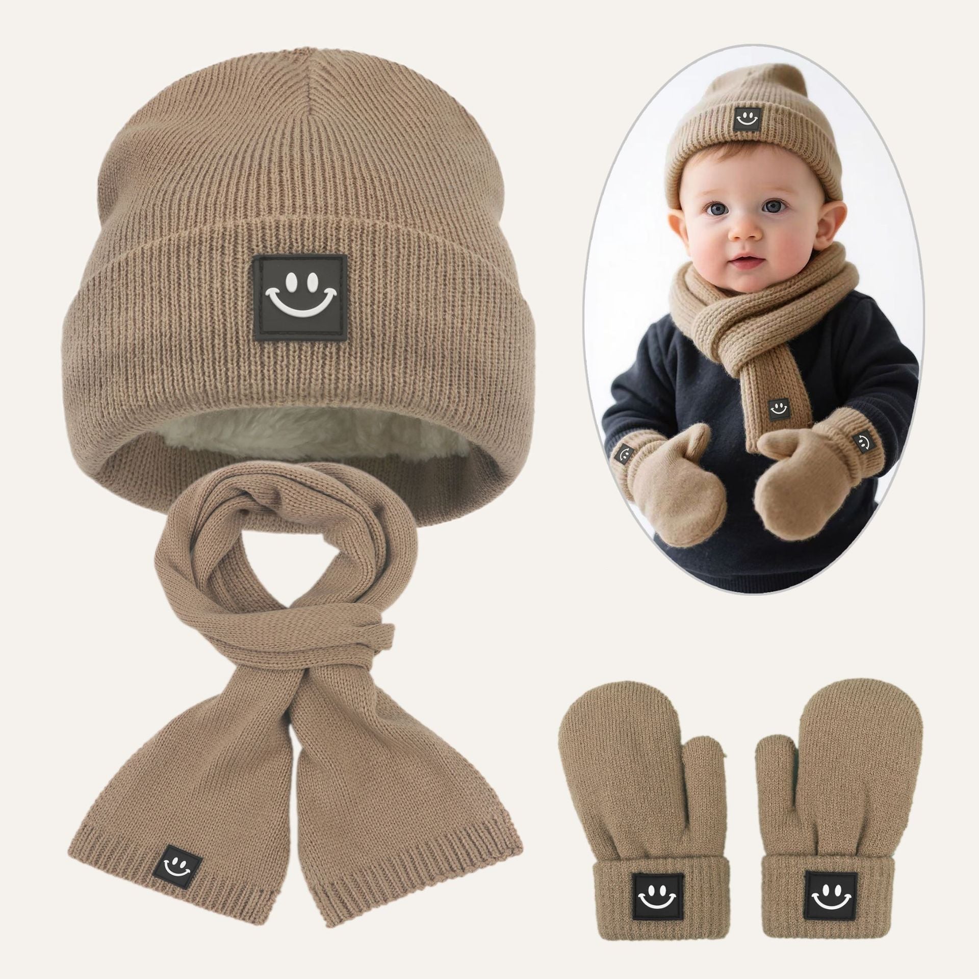 Conjunto de gorro, bufanda y guantes gruesos y cálidos con cara sonriente para niños