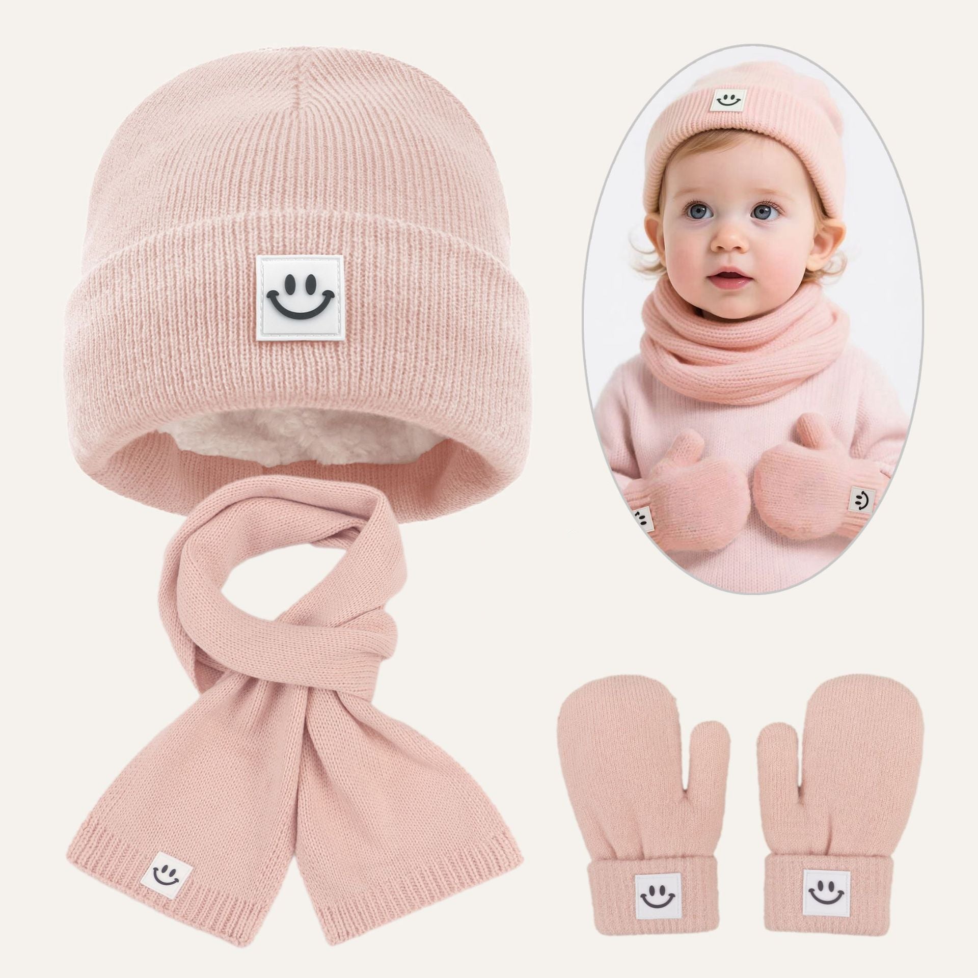 Conjunto de gorro, bufanda y guantes gruesos y cálidos con cara sonriente para niños
